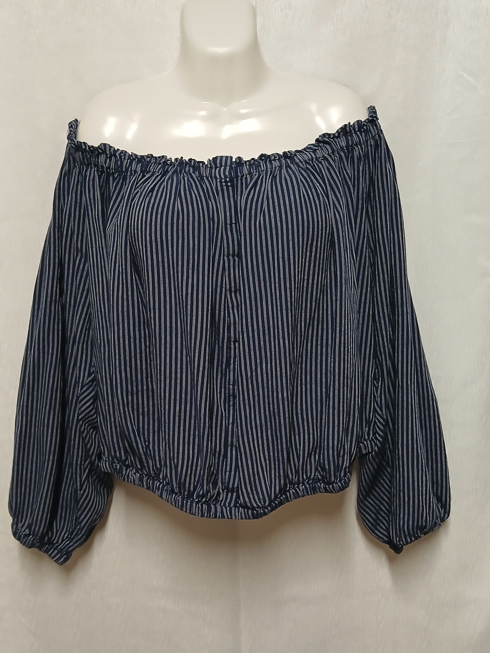Rag & Bone New York Navy Blue Striped Off-Shoulder Linen Blend Top L